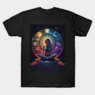 Lotus Woman Meditating on a Mountain with a Colorful Sky, Giant Planets and Lotus Flowers T-Shirt